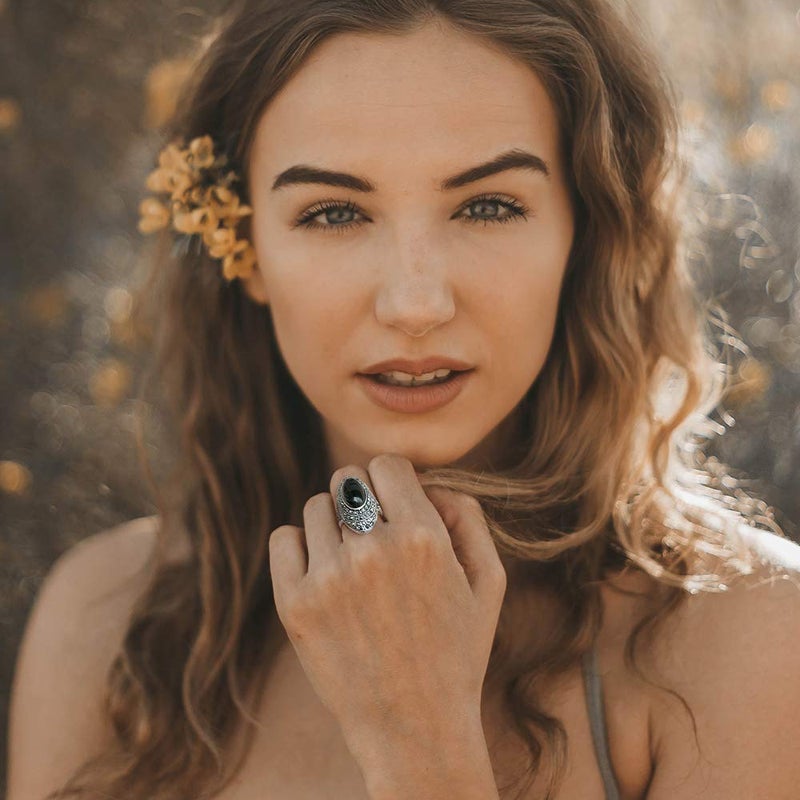 Mytys Retro Vintage Cocktail Statement Ring Black Marcasite & Crystal Rings for Women Antique Silver Big Black Onyx Stone Ring (Silver 3, 6) - Image 5